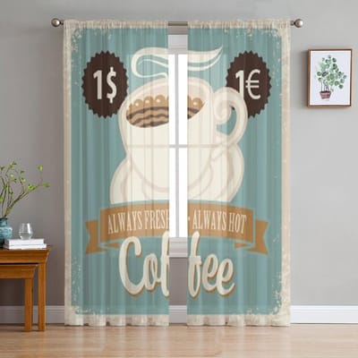 Koffiekopje Retro Stijl Tule Sheer Gordijnen voor Woonkamer de Kamer Slaapkamer Keuken Decoratie Voile Organza Gordijnen 135W x 114H(cm) white