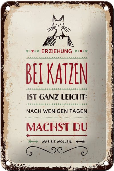 Blechschild Spruch 12x18 cm Erziehung bei Katzen ist ganz leicht Deko Schild