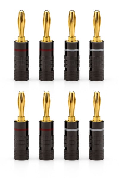 Vergulde banaanstekkers set (8 stuks) – 24K gold plated speakerpluggen – Hifi speakerkabel connectors – Schroefbare banaanpluggen rood/zwart – Audio accessoires voor versterker, receiver & luidsprekers