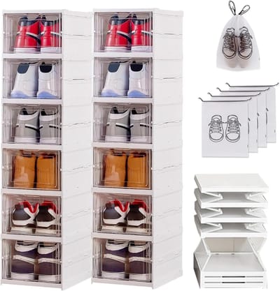 Stapelbare Opvouwbaar Transparante Schoenendoos met Deksel Hard Kunststof Shoe Boxes 12 Stuks Schoen Doos tot Maat 47 Ruimtebesparende Opbergdoos voor Sneakers en Laarzen