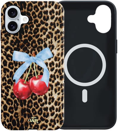 xoxo Wildhearts siliconen hoesje geschikt voor iPhone 17 MagSafe hoesje - Cherry Wild - Magnetisch telefoonhoesje - Magneet case - Backcover met dubbele bescherming - Tijgerprint / Luipaardprint - Kers print - Kersen Panterprint