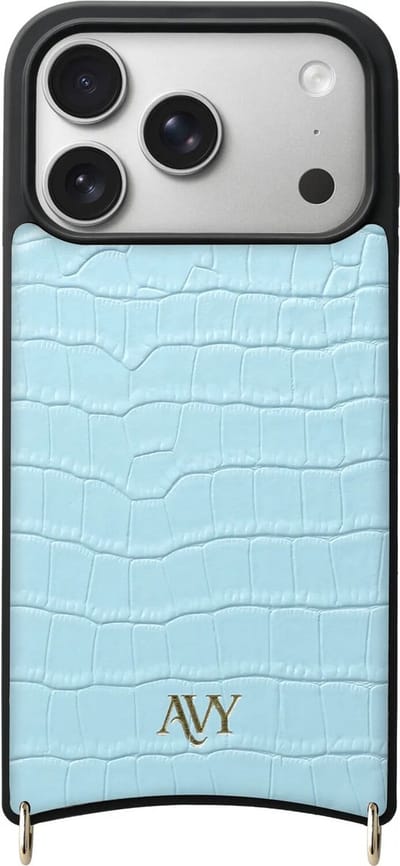 AVY Leren Hoesje geschikt voor Apple iPhone 17 Pro | Compatibel met MagSafe | Leather Case | Back Cover | Haakjes voor koord | Croco Blauw