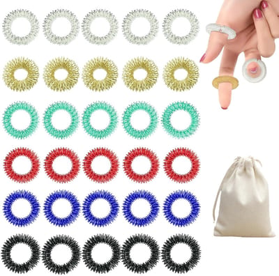 Dailygoods- Acupressuurringen 31 stuks - Massageringen voor stressverlichting - Sensorische vingerringen - Katoenen opbergtas - Bloedcirculatie bevorderend - Lichtgewicht en eenvoudig te bedienen - Stressballen