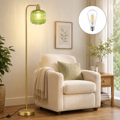 MUPOO Modern Vloerlamp met Groen Geribd Glas Kap- Staande lampen Woonkamer - Zware Metalen Voet & Voetschakelaar- E27 LED Lamp Inbegrepen -Sfeerverlichting voor Slaapkamer/Studeerkamer/Keuken