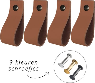Handles and more - 4x Leren handgrepen - lusjes - Licht Bruin - XS (12,6cm) - incl. 3 kleuren schroefjes (handgreepjes - leren greepjes - leren lusjes)
