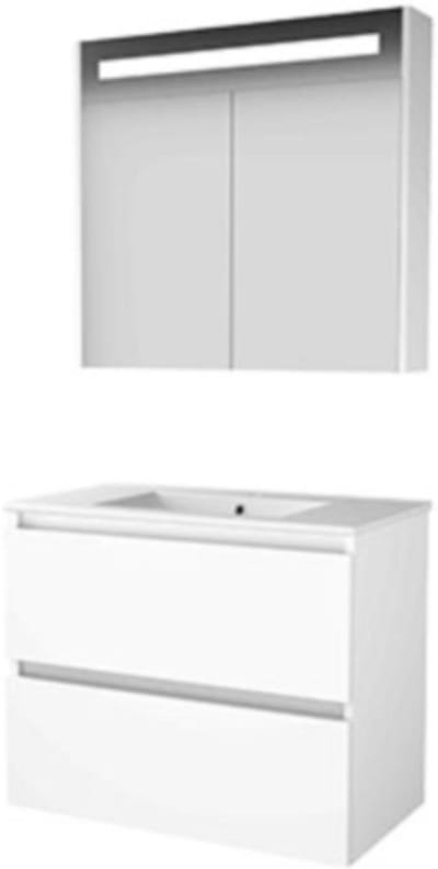 Basic-Line Premium 46 Badkamermeubelset - 80 x 46 cm - Greeploos - 2 Lades - Keramische Wastafel - 1 Kraangat - Spiegelkast met LED Verlichting - Ice White