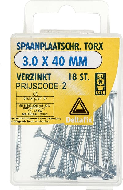 Spaanplaatschroef. platkop / torx / met nibs / type 17 snijpunt verzinkt 3.0 x 40mm. lang. 18 Houtschroeven. Deltafix.