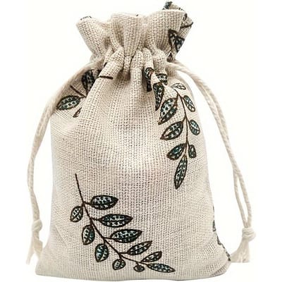 1 pièce Sac en lin imprimé feuilles Sac cadeau à cordon, sac d'emballage pour bijoux Sac bouquet cadeau de mariage, sac cadeau pour fête d'anniversaire 14*10cm