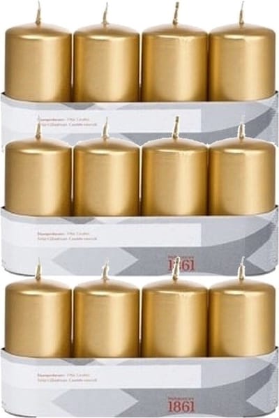 Trend Candles Cilinderkaarsen - 12x - goud - 5 x 10 cm - 18 branduren - geurloos - wax - kaarsen