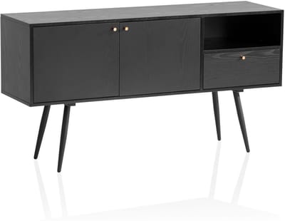 dressoir 140x75x40 cm ladekast zwart met eiken decor tijdloos, hoge ladekast, staande kast woonkamer met 2 deuren en lade, dressoir met open vak