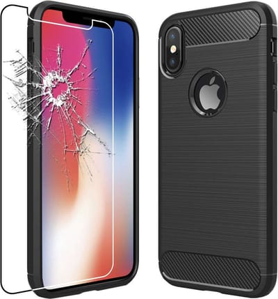 ebestStar - Hoes geschikt voor iPhone X, iPhone XS Apple, TPU Bescherming Cover, Koolstof Design Hoesje, Zwart + Gehard Glas