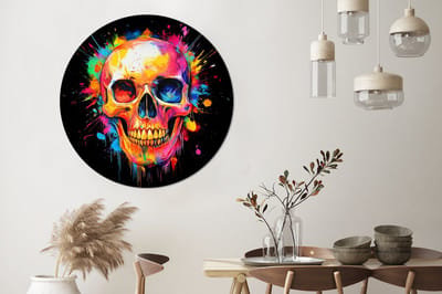 WallCircle - Wandcirkel - Muurcirkel - Schedel - Graffiti - Doodshoofd - Kleurrijk - Aluminium - Dibond - 120x120 cm - Binnen en Buiten XXL
