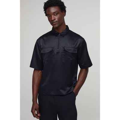 Oversized Boxy Half Sleeve Quarter Zip Shirt | Black | Size XS