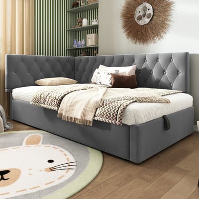VVBV Slaapbank 90x190 cm met Lattenbodem, Voor Kinderen/Tieners - Houten Lattenbodem - Hout/Fluweel Grijs - Zonder Matras