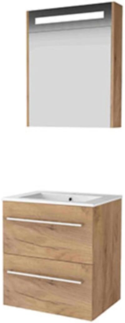 Basic-Line Premium 46 Badkamermeubelset - 60 x 46 cm - Met Grepen - 2 Lades - Keramische Wastafel - 1 Kraangat - Spiegelkast met LED Verlichting - Whisky Oak