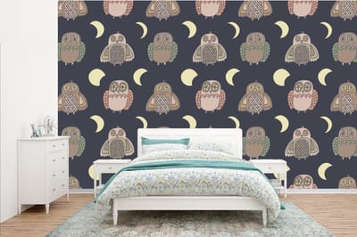 Behang - Fotobehang Uil - Patronen - Maan - Breedte 385 cm x hoogte 240 cm