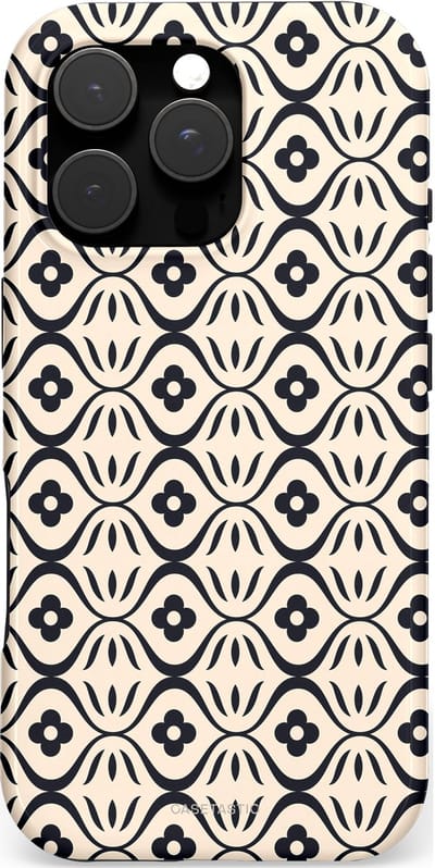 Casetastic hoesje geschikt voor Apple iPhone 16 Pro - MagSafe - Dubbellaagse bescherming - Retro crème-zwarte bloemenprint - Fashion Case - Crème Grijs Donkergrijs