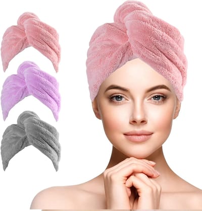 Famanu - Set van 3 microvezel haarhanddoeken, sneldrogend en super absorberend met knoopsluiting – Roze/Paars/grijs