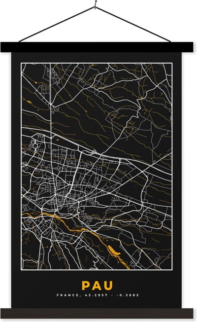 Posterhanger incl. Poster 40x60 cm - Schoolplaat - Stadskaart - Plattegrond - Frankrijk - Kaart - Pau - Textielposter - Zwarte latten - Stadskaart