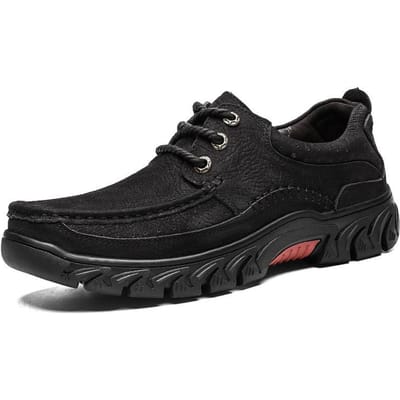 Herenschoenen voor de lente en herfst in grote maten Leer Ronde neus Dikke zool Buitensport en casual leren schoenen Heren Antislip Ademend 46 black
