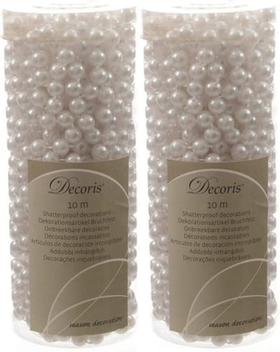 Decoris Kralenslinger - 2x - wit - 10 meter - kunststof - glans - kerstslinger - kerstboom versiering