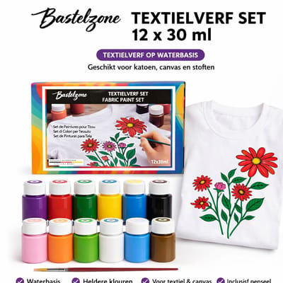 Bastelzone Textielverf Set - 12 kleuren, 30 ml per flesje - Machinewasbaar