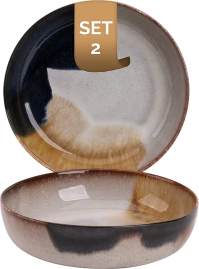 Palmer - Aquarel - Bord diep - Pastabord - 2 stuks - ø 22 cm - Beige/Blauw - Stoneware - Bordenset
