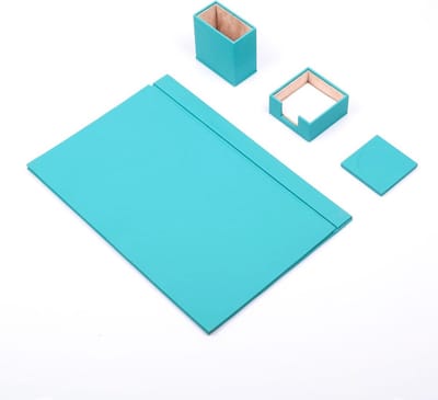 Lederen Bureauset TURQUOISE- Wit Gestikt-4 Accessoires-Bureau Accessoires - Voor Kantoor-Bureau Accessoires-Office Organizer-Bureau Pad - Bureau Organizers En Accessoires