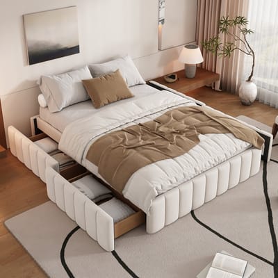 DESMIU Gestoffeerd Bed 140 x 200 cm – Bedframe Met Opberglades En Lattenbodem – Minimalistisch Zonder Hoofdbord – Fluweel – Beige – Zonder Matras
