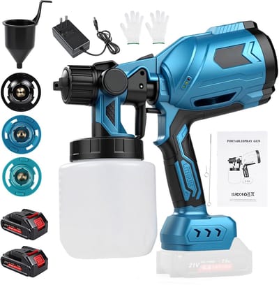 Dailygoods - Elektrische verfspuit, draadloos, 500 W, elektrisch verfpistool met tank 1000 ml, 3 sproeiers en 3 patronen, voor tuinhuisjes, meubels, hekken, muren
