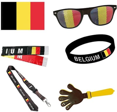 België Voetbal Supporterskit/Feestartikelen voor WK 2026 – Complete Fan Party Feest Set met Vlag, Bril, Clapper, Sjaal, Armband en Keycord