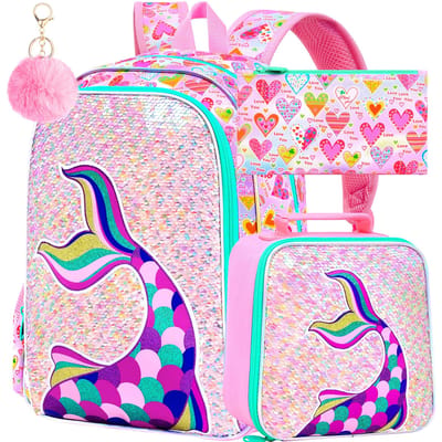 3-delige Set Zeemeermin Rugzak met Glitters en Pailletten Schattige Schooltas Lunchbox Etui Kinderen Reis Dagrugzak blue