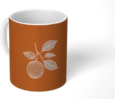 Mok - Koffiemok - Sinaasappel - Getekend - Bladeren - Bruin - Mokken - 350 ML - Beker - Koffiemokken - Theemok