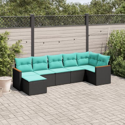 vidaXL - 7-delige - tuinbankset - met - kussens - van - zwart - polyrotan
