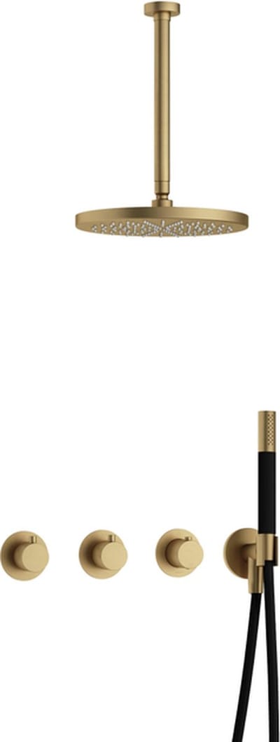 Hotbath Cobber IBS70 inbouw regendoucheset met staafhanddouche aan houder en 30cm ronde hoofddouche aan 30cm plafondarm geborsteld messing