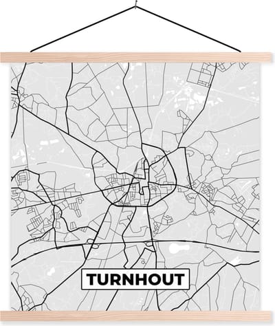 Posterhanger incl. Poster 40x40 cm - Schoolplaat - Kaart – Plattegrond – Stadskaart – Turnhout – België – Zwart Wit - Textielposter - Blanke latten - Stadskaart