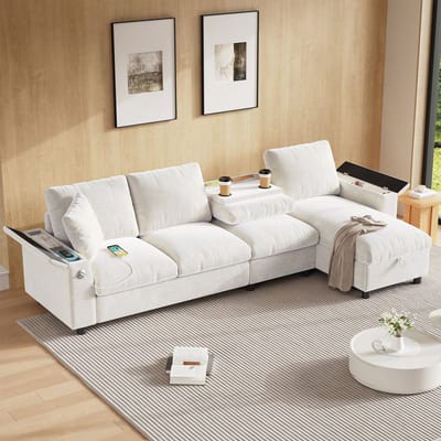 MODFU - L-Vormige Hoekbank Met Slaapfunctie En Opbergruimte - Omklapbare Tafel Met Bekerhouders En USB - Chenille - Beige