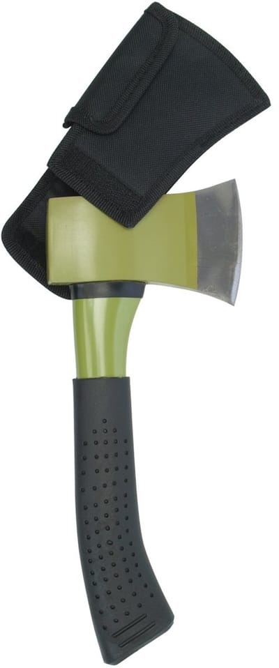 Unyqoos® Compacte massief stalen bijl met beschermhoes in olijfkleur voor outdoor avonturen