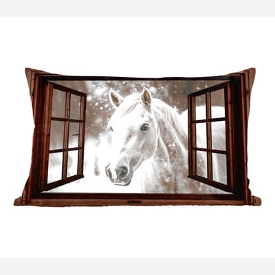 Sierkussens - Kussentjes Woonkamer - 60x40 cm - Doorkijk - Paard - Wit - Winterlandschap - Sneeuw