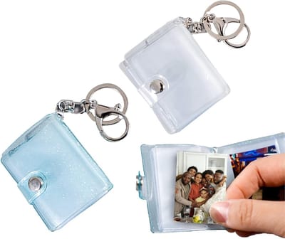 Mini Fotoalbum 2-Piece, Draagbaar met Kreeftsluiting en Sleutelhanger, 32 Compartimenten voor Persoonlijke Foto's en 5 cm Foto-opslag (Glanzend Blauw & Helder Wit)