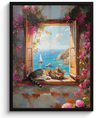 Poster in lijst - Fotolijst 50x70 cm - Posters - Kat - Blauwe zee - Roze bloemen - Posterlijst zwart - Decoratie - Wanddecoratie woonkamer - Muurdecoratie slaapkamer