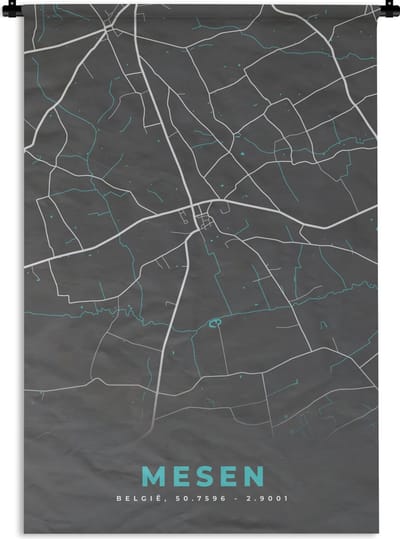 Wandkleed - Wanddoek - België – Mesen – Stadskaart – Kaart – Blauw – Plattegrond - 120x180 cm - Wandtapijt