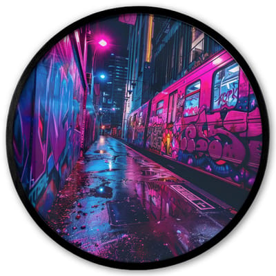 Poster in lijst Rond - Fotolijst 40x40 cm - Posters - Stad - Neon - Nacht - Roze - Graffiti - Ronde posterlijst zwart - Decoratie - Wanddecoratie woonkamer - Muurdecoratie slaapkamer