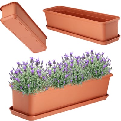 KADAX Wamat, 60 cm, terracotta met onderzetter, balkonbak van kunststof, voor binnen en buiten, bloempot voor balkon, terras en vensterbank