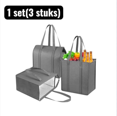 3 stuks - Geïsoleerde tas - Opbergzak - Draagbare Isothermische Tas - Opvouwbare Koel-/Warmtetas met Handvat - Binnenzak van Aluminium Folie - Voor Boodschappen, Picknick en Maaltijdbezorging - Grijs