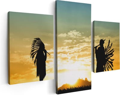 Artaza Canvas Schilderij Drieluik Twee Silhouetten van Indianen bij Zonsondergang - 90x60 - Foto Op Canvas - Canvas Print