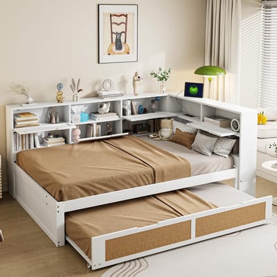 BLACKCOLORS Slaapbank van hout 140*200 met uitschuifbaar bed Multifunctioneel eenpersoonsbed Kinderbed met veel opbergvakken en een oplaadaansluiting Wit