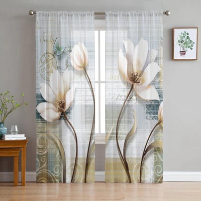 Vintage Tulpen Bloemen Vlinders Slaapkamer Transparante Dunne Gordijnen Vakantiedecoratie Raam Voile Tule Gordijn 135W x 114H(cm) white