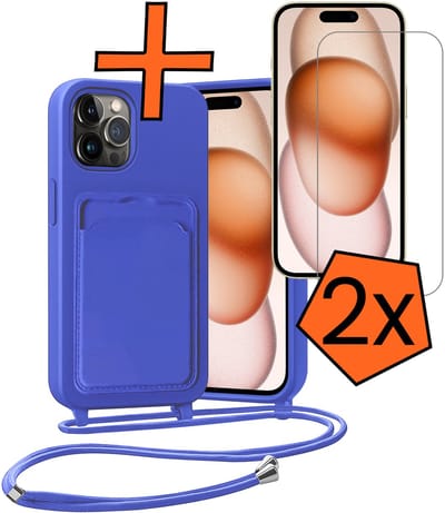 Hoesje Geschikt voor iPhone 14 Pro Hoesje Met Telefoonketting Pasjeshouder Case Met 2x Screenprotector Koord - Hoesje Geschikt voor iPhone 14 Pro Hoes Met Kaarthouder - Felblauw
