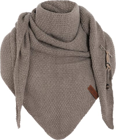 Knit Factory Coco Gebreide Omslagdoek - Driehoek Sjaal Dames - Dames sjaal - Wintersjaal - Stola - Wollen sjaal - Bruine sjaal - Marron - 190x85 cm - Inclusief sierspeld